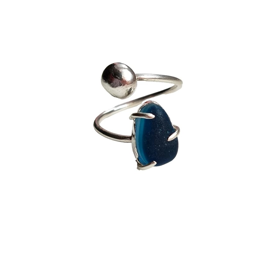 Blue Seaham Multi Seaglass Adjustable Ring Recycled Sterling Silver Gift