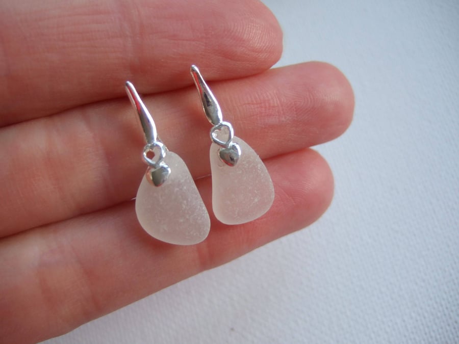 Scottish white sea glass earrings, sterling silver white sea glass studs hearts