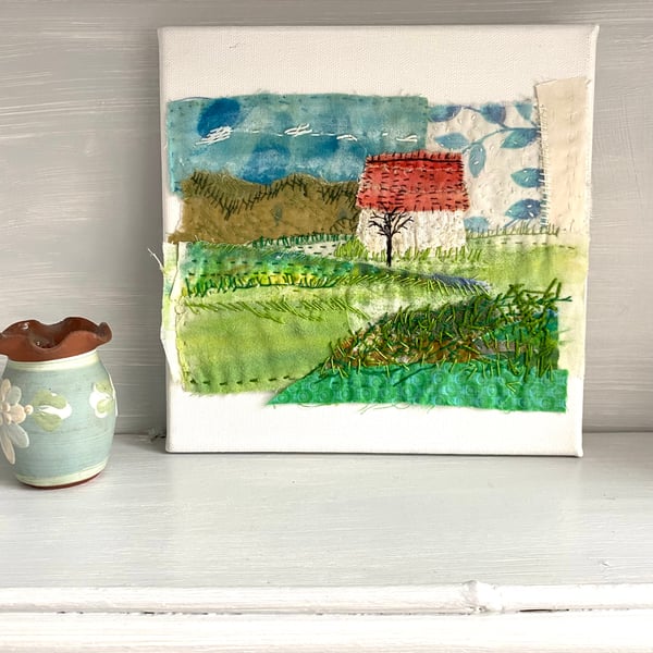Little white barn with red roof - Hand embroidered textile collage