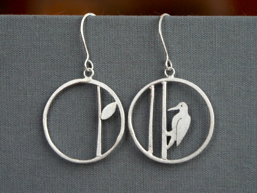 Edge of the woods woodpecker hoop earrings