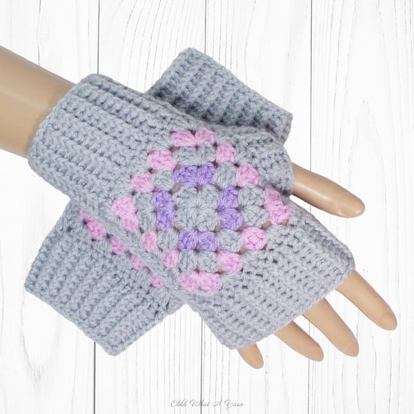 Crochet gloves. Pink grey and lilac granny square gloves, finger less gloves.  
