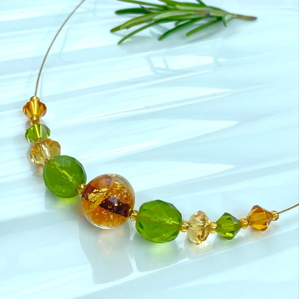 Spring Green and gold coloured Crystal Necklace. 21"  Murano Glass 