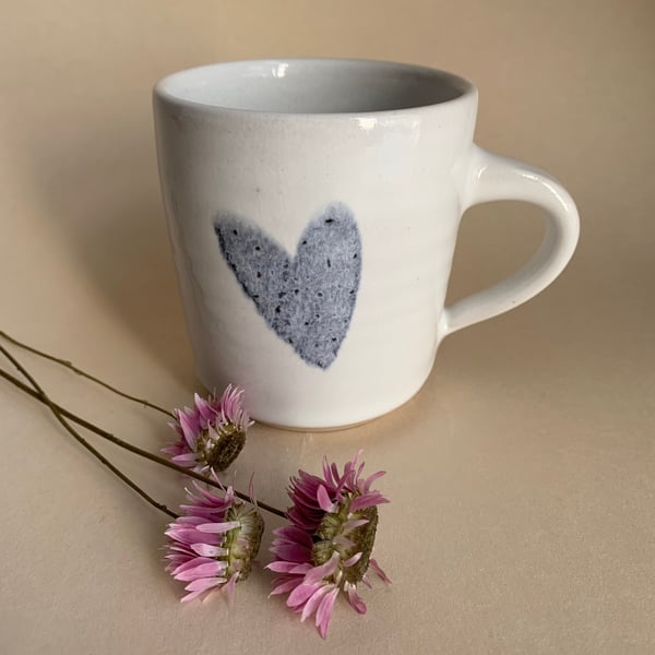 White Mug with Pale Blue Heart decoration, Handmade tea cup or coffee mug