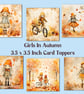 Girls In Autumn Set of 6 Square Card Toppers for Card Making, Tags