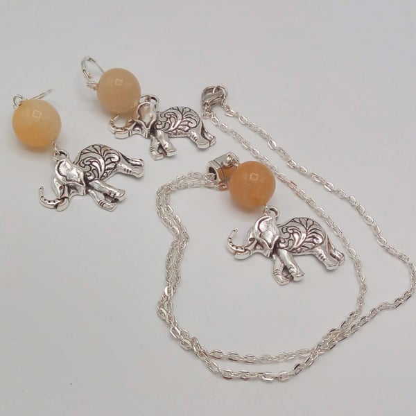 Honey Jade and Silver Plated Elephant Charm Necklace and Earrings, Gift for Her