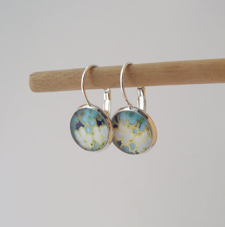 Silver Blue Earrings, Floral Dangle Drop leverback earrings