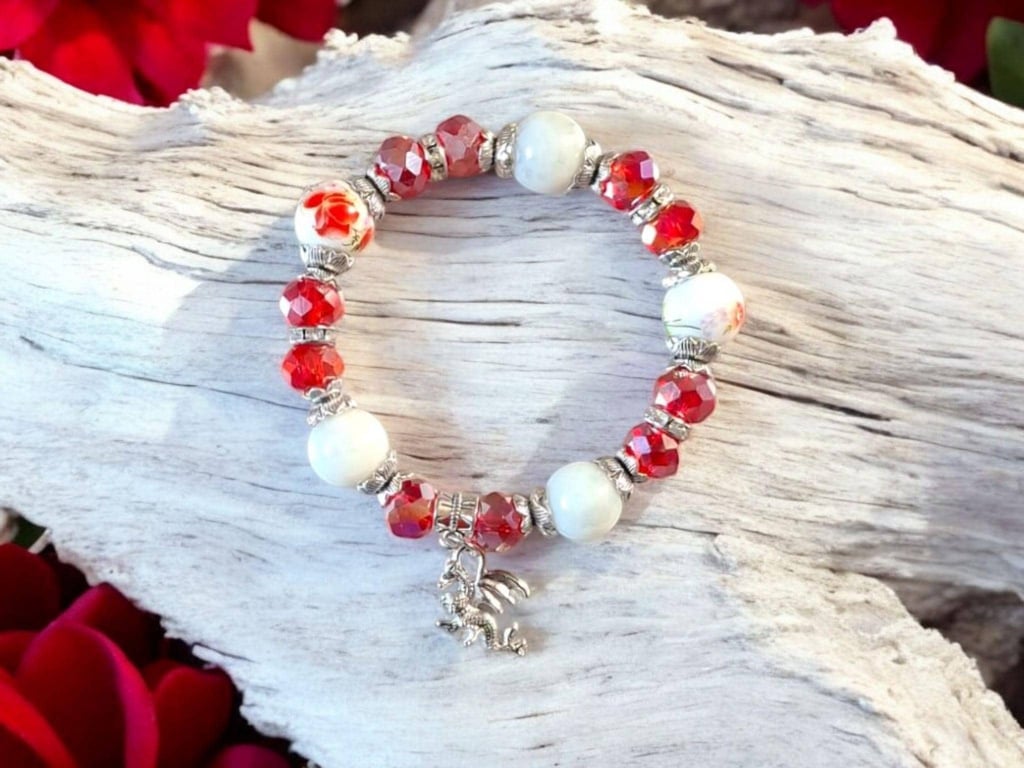 Dragon charm and crystal bracelet, stretchy bracelet, mystical jewellery, Dragon