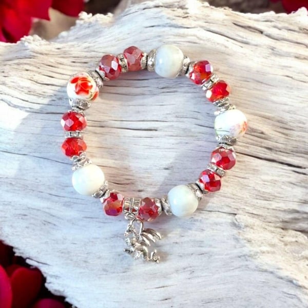 Dragon charm and crystal bracelet, stretchy bracelet, mystical jewellery, Dragon