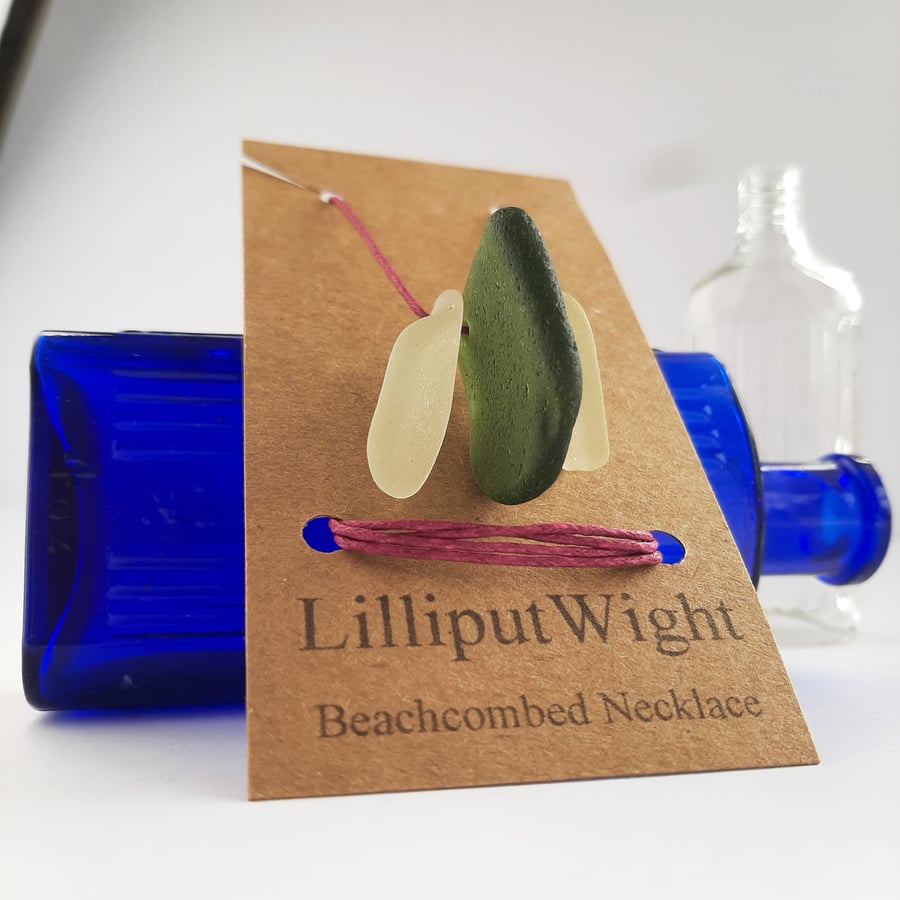 Beachcombed Necklace, Green and White Sea Glass and Cotton Cord 