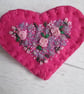 SOLD - Hand Embroidered Floral Heart Brooch on Cerise Pink Wool Felt - Image 3