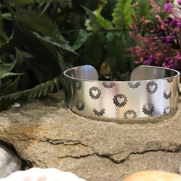 Hand Stamped Wide Cuff Bangle with Heart Burst design
