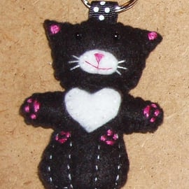 Cat on back Black Felt Keyring-Bag Charm with white chest & muzzle