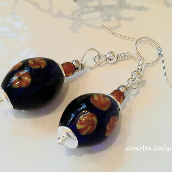 Hand Blown Lampwork Glass Bead Silver Plated Earrings  HELP A CHARITY 