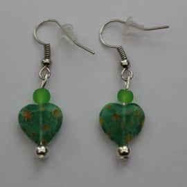 Silver plated beaded earrings- green and yellow millefiori heart