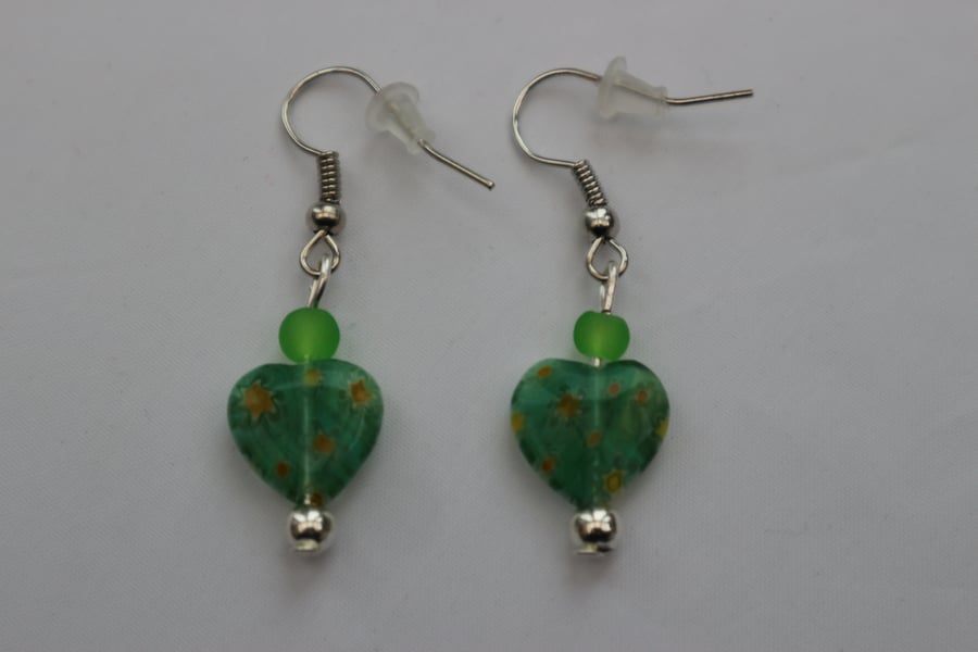 Silver plated beaded earrings- green and yellow millefiori heart