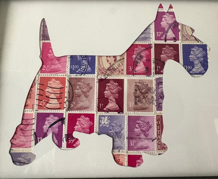 Framed westie dog print made from stamps