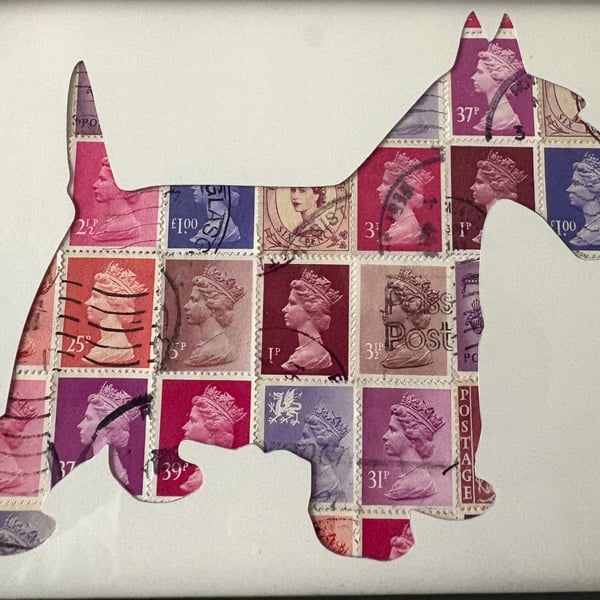 Framed westie dog print made from stamps