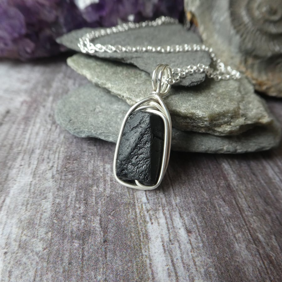 Raw black tourmaline pendant in sterling silver, October birthstone necklace 