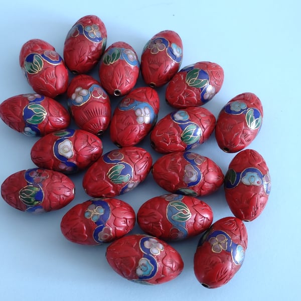 For Elisabeth - Vintage Chinese Cinnebar Beads - loose x 19 - red with cloisonne