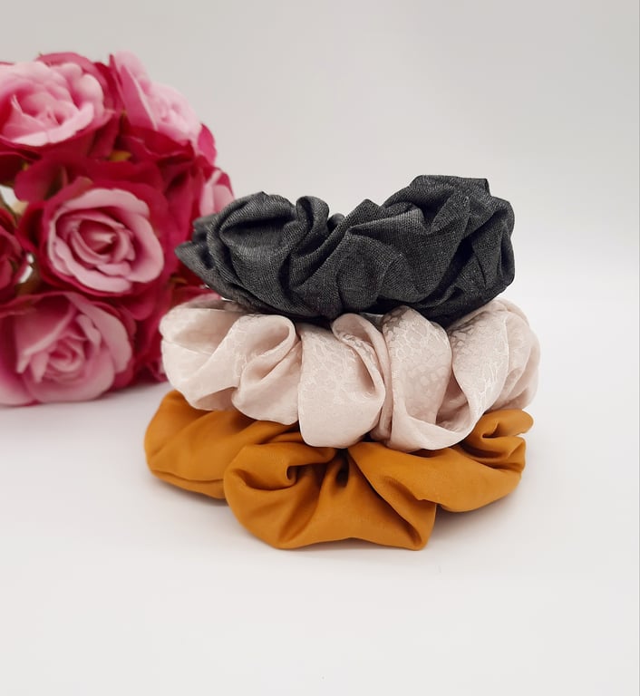 Scrunchie set of 3. Ash grey,  harvest gold and cream speckled satin.  