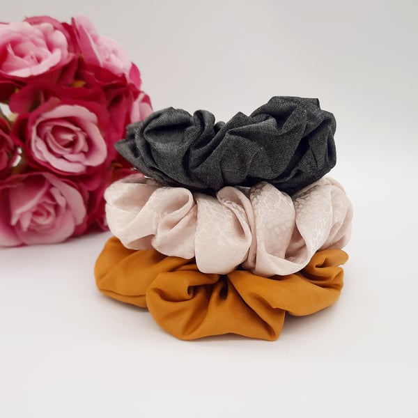 Scrunchie set of 3. Ash grey,  harvest gold and cream speckled satin.  