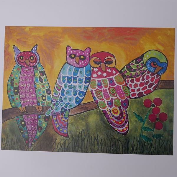 Colourful Owls Print  11.5" x 8.5", including white boarder 18" x 12.5"