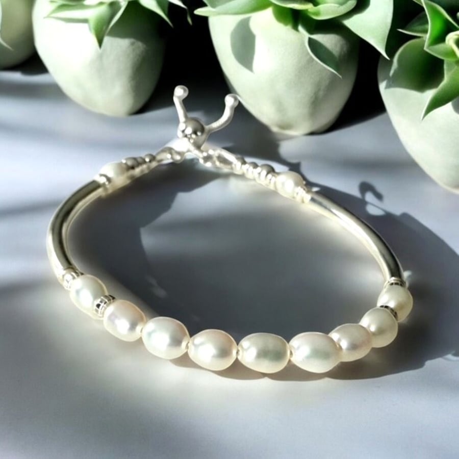 Sterling Silver Pearl Noodle Bracelet – 5mm Rice Pearls, Adjustable Slider Clasp