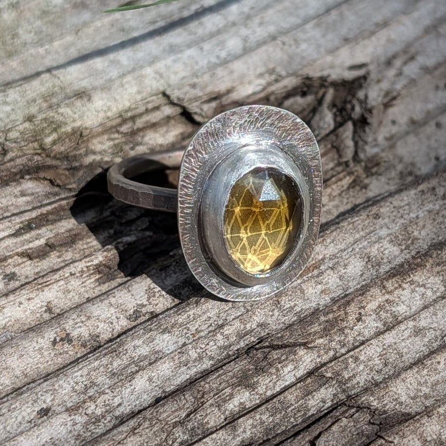 Oxidised Silver & Citrine Ring; Textured Faceted Stone Ring