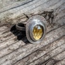 Oxidised Silver & Citrine Ring; Textured Faceted Stone Ring