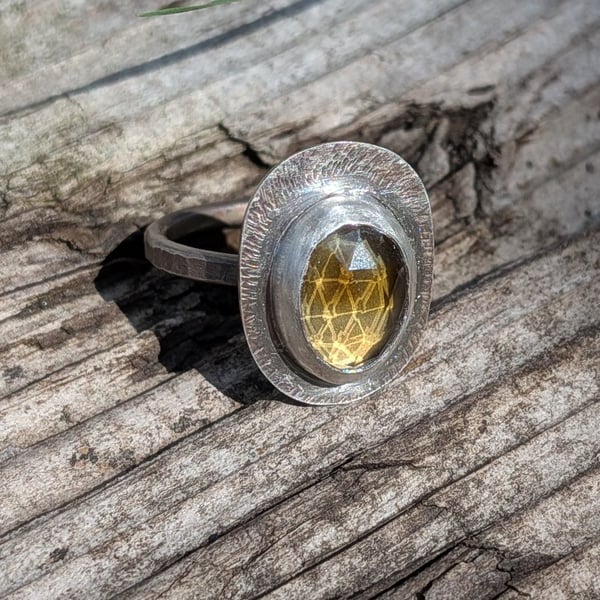 Oxidised Silver & Citrine Ring; Textured Faceted Stone Ring