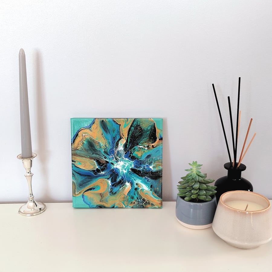 20x20cm Abstract Blue Flower Acrylic Pour Painting Room Decor Fluid Art 