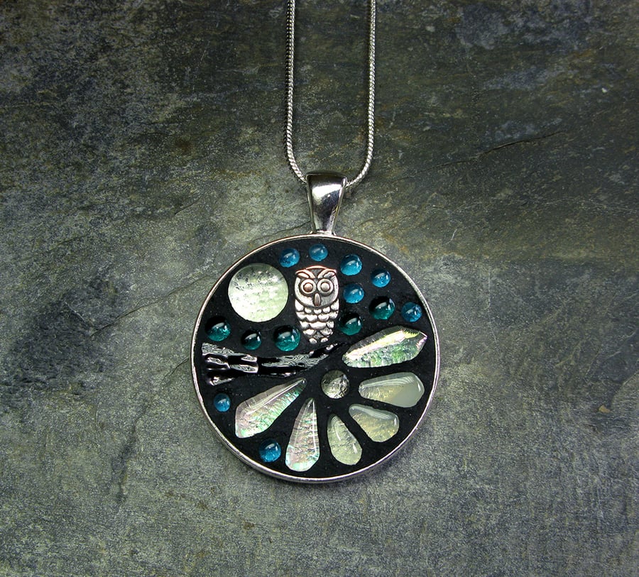 'Owl Moon' - Glow In The Dark- Glass Mosaic Pendant