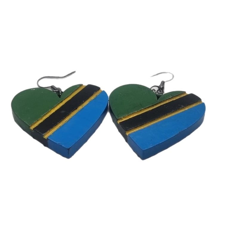 Tanzanian flag earrings. Tanzania loveheart earrings, african jewellery,afro art