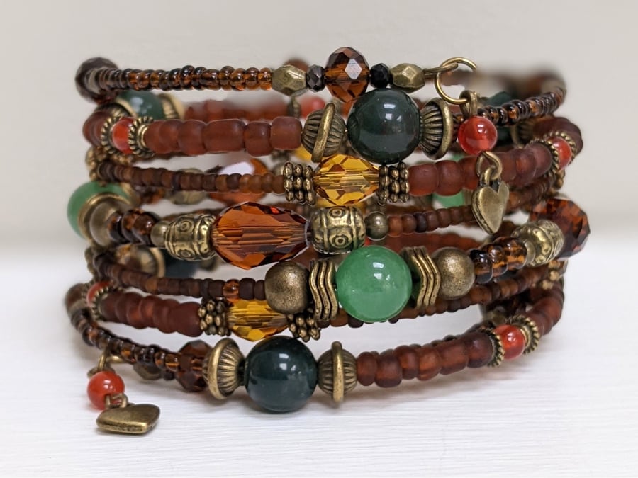 Gemstone Memory Wire Seed Bead Bracelet, Cuff Wrap Stacked Bangle