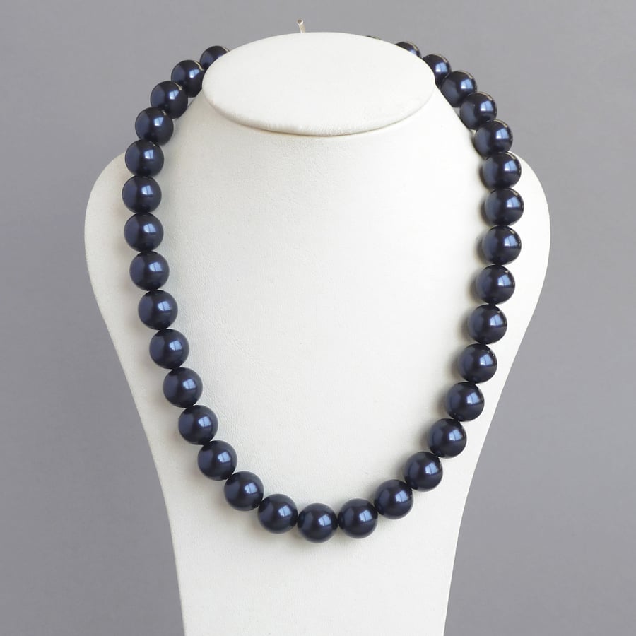 Chunky Navy Pearl Necklace - Dark Blue Pearls - Mother of the Bride Jewellery