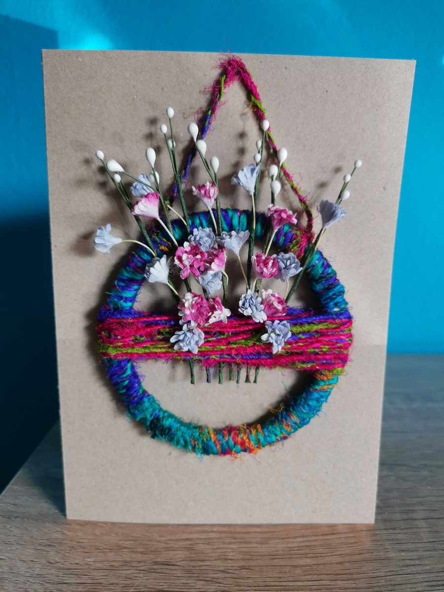 Blue and pink mini flower wreath - luxury keepsake greeting card