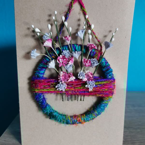 Blue and pink mini flower wreath - luxury keepsake greeting card