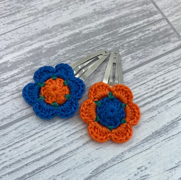 Hair clips with crocheted flowers in orange, gr... Folksy