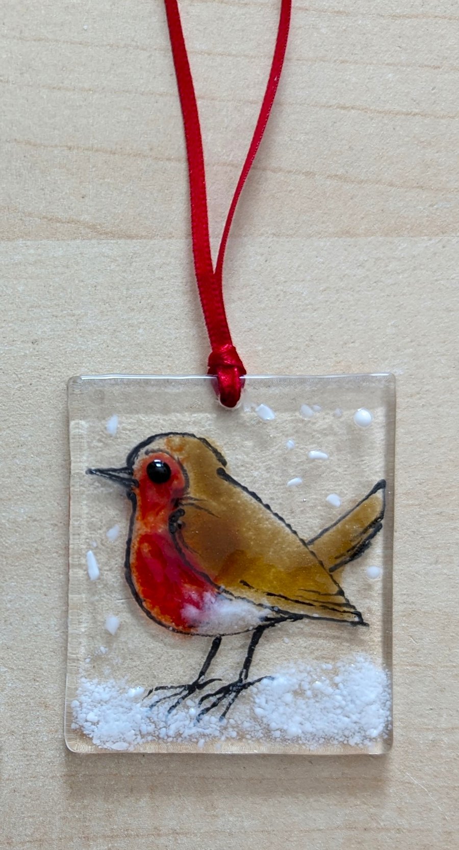 Fused Glass Winter Christmas Robin Hanger x1