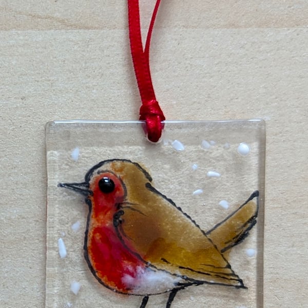 Fused Glass Winter Christmas Robin Hanger x1