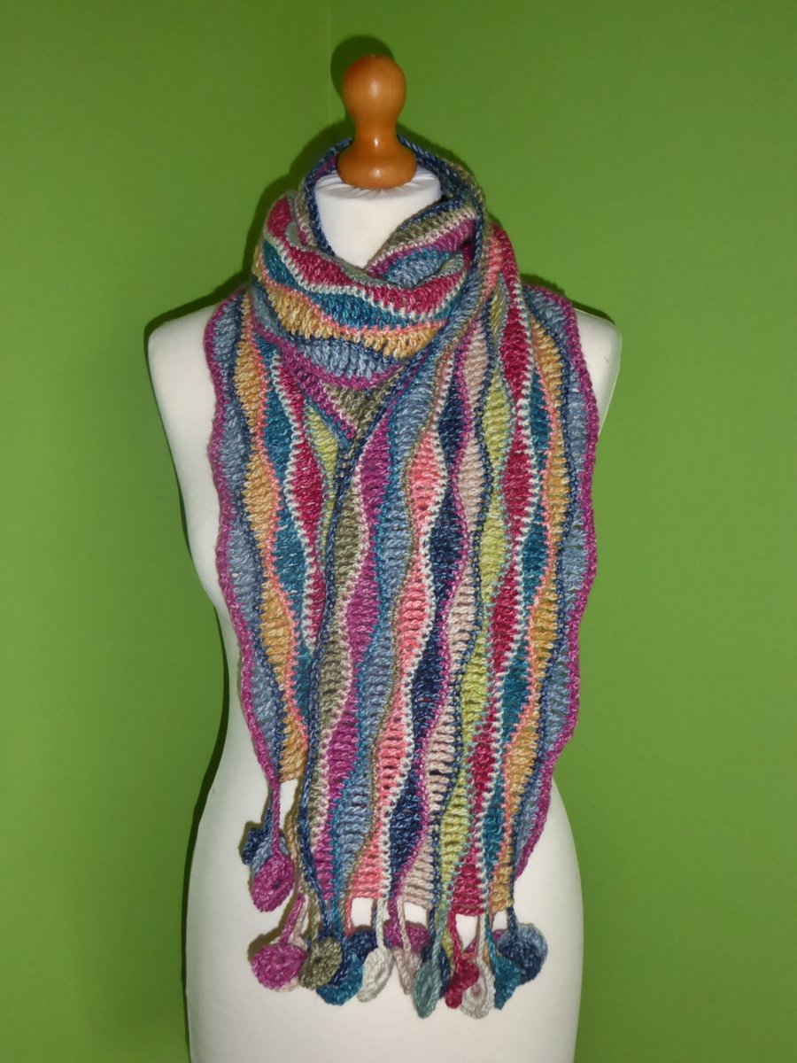 Scarf in Crochet Wave Stitch with Circle Tassel Trim. Multicoloured Scarf