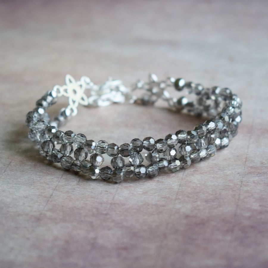 Beaded Bracelet Made with Silver Grey Faceted Glass Beads