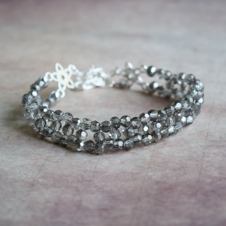 Beaded Bracelet Made with Silver Grey Faceted Glass Beads