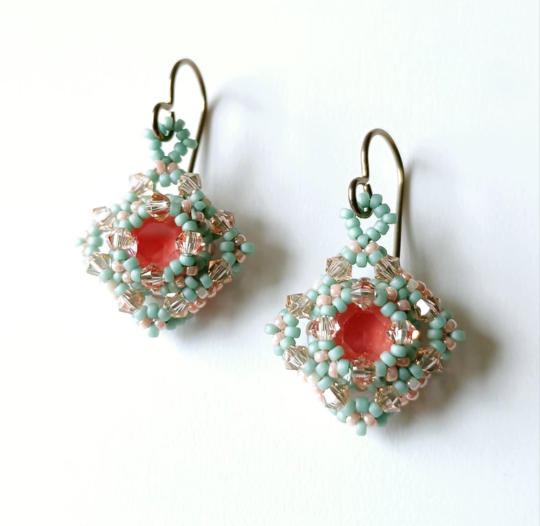 Peach Coral and Mint Crystal Earrings