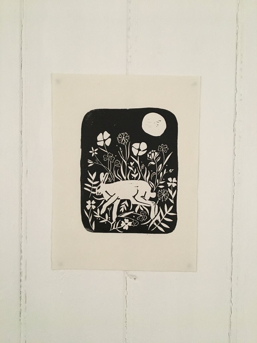  Linocut print of rabbit and wildflowers, Growth and Abundance