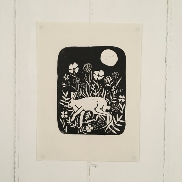  Linocut print of rabbit and wildflowers, Growth and Abundance