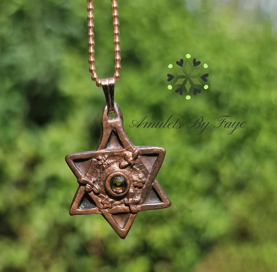 Copper Six Point Star Pendant with Bees, Flowers & Citrine Gemstone Necklace.