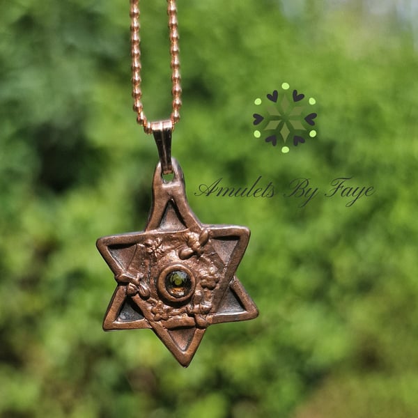 Copper Six Point Star Pendant with Bees, Flowers & Citrine Gemstone Necklace.