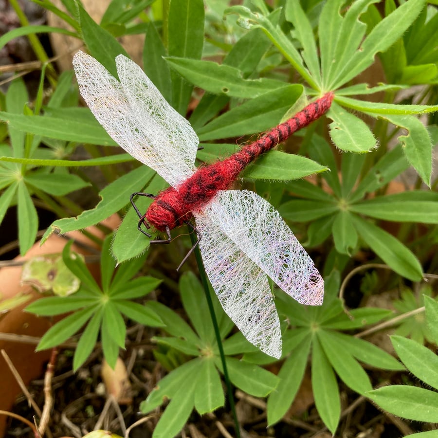 Needle felted dragonfly plant stake, red