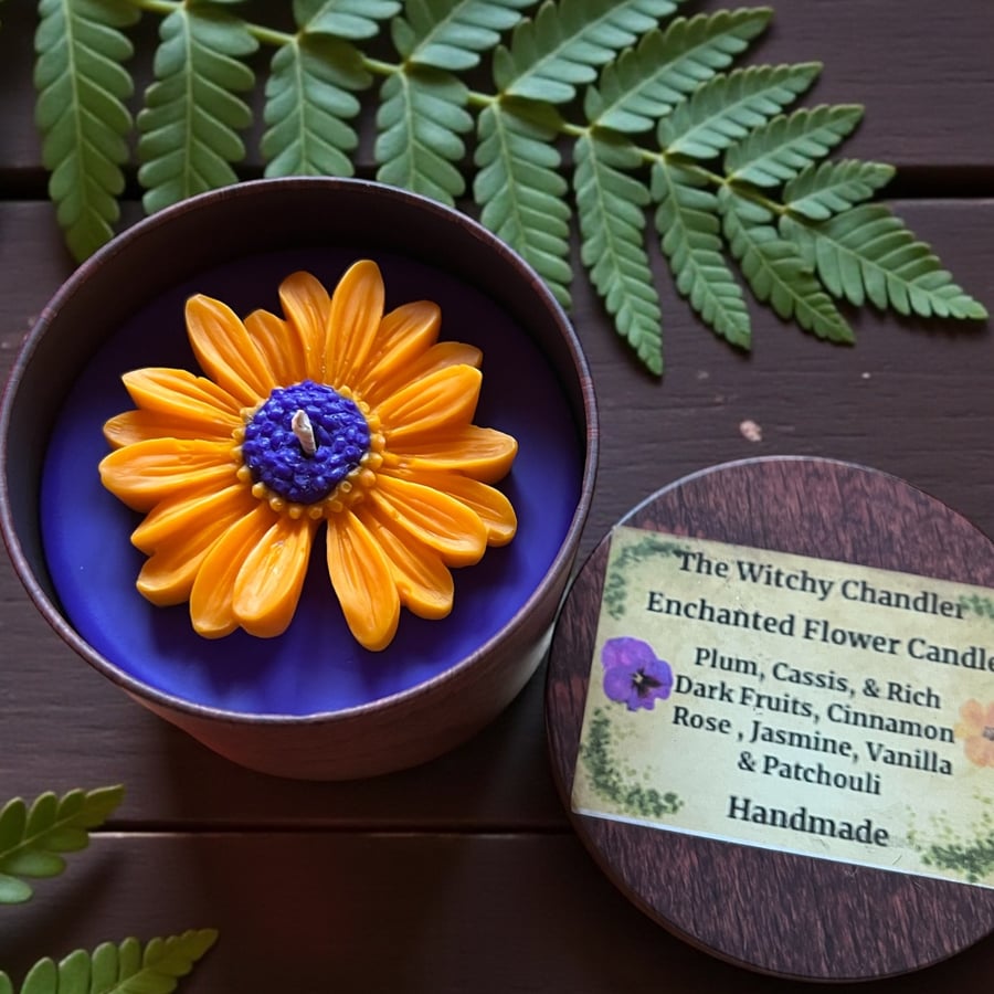 Handmade Enchanted Orange & Purple Flower Floral Candle
